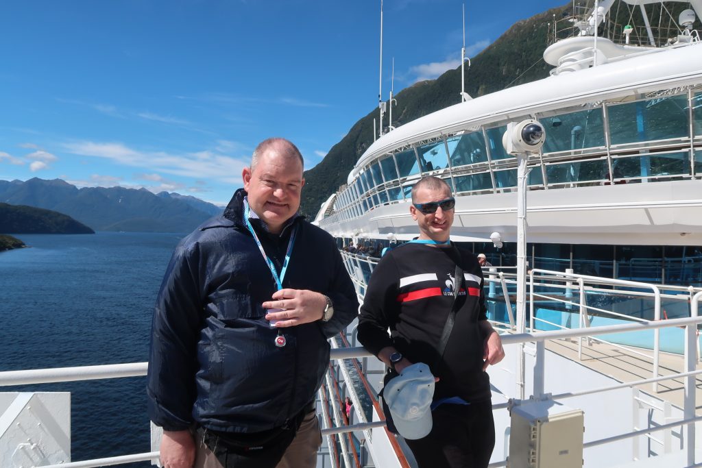 Two men on a supported holiday with Leisure Options on a cruise ship